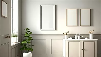 عکس حمام بازسازی شده با کمد روشویی و گیاهان داخلی در فضایی روشن