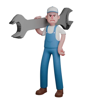 عکس دوربری مکانیک مرد 3D در حال انجام وظایف حرفه ای با ابزارهای مکانیکی
