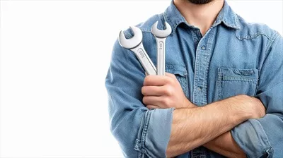 عکس مردی در پیراهن آبی که دو آچار در دست دارد و مشغول کار است