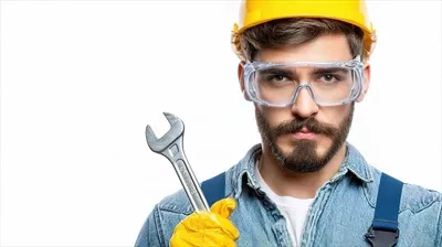 عکس مردی با کلاه ایمنی زرد و عینک ایمنی در حال نگه داشتن آچار