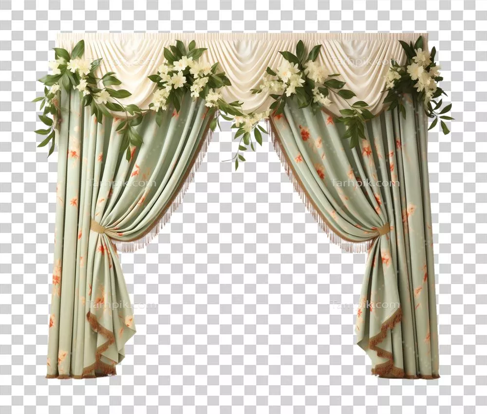 عکس دوربری پرده گلدار سبز با طراحی زیبا و پس زمینه شفاف