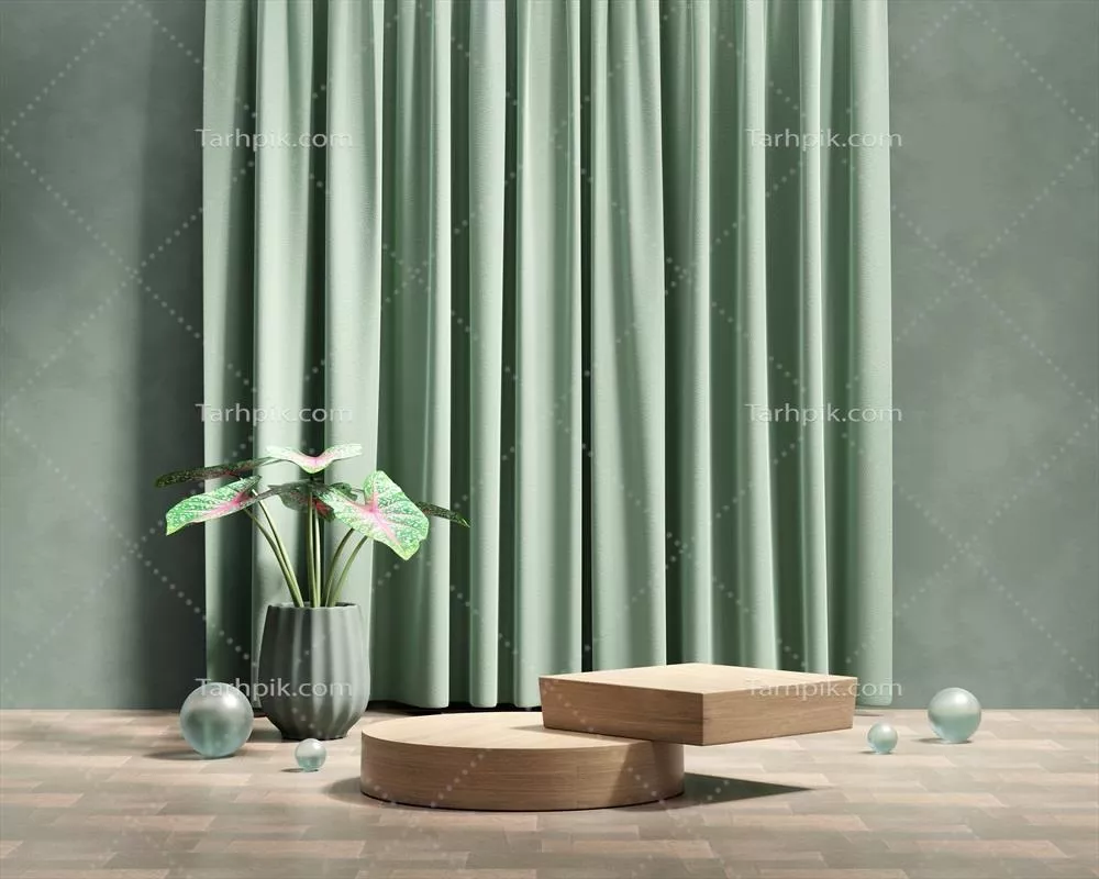 عکس پلتفرم سه بعدی برای ارائه محصولات با گیاه و پرده در پس زمینه