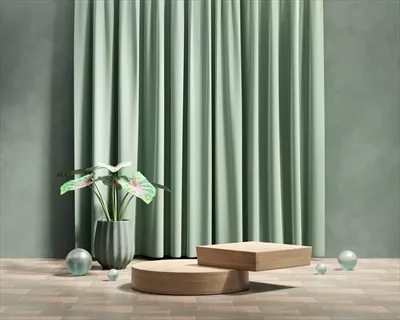 عکس پلتفرم سه بعدی برای ارائه محصولات با گیاه و پرده در پس زمینه