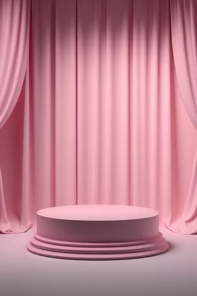 عکس پایه صورتی خالی با پرده برای نمایش محصولات در یک محیط جذاب