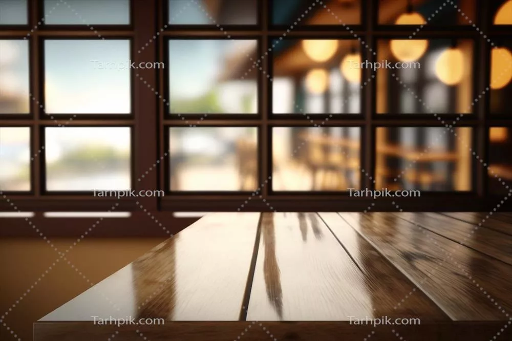 عکس تصویری از یک میز چوبی خالی در کنار پنجره ای با نمای زیبا در یک رستوران