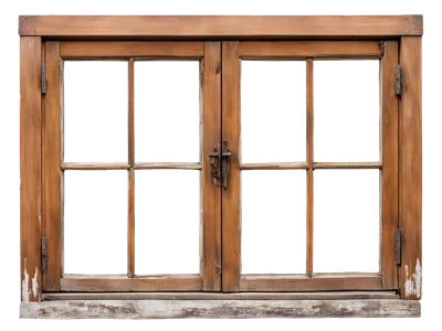 عکس دوربری پنجره چوبی قدیمی با طراحی زیبا و منحصر به فرد در پس زمینه شفاف
