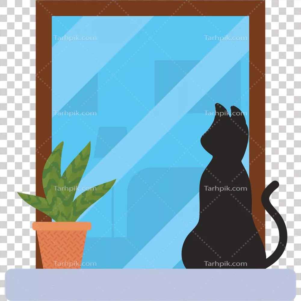 عکس دوربری گربه ای که بر روی لبه پنجره نشسته و به گیاه گلدانی نگاه می کند