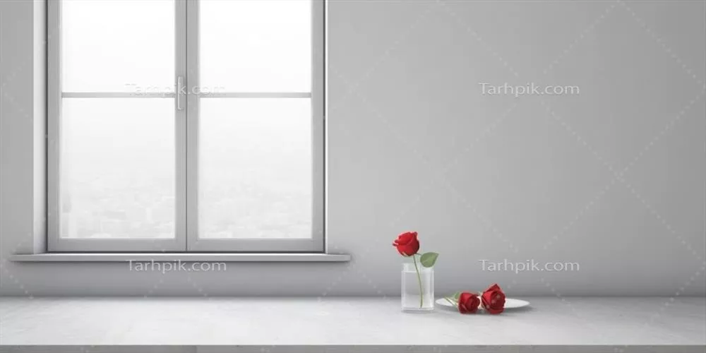 عکس پنجره و گل سرخ روی میز در نور خورشید با پس زمینه محو و زیبا