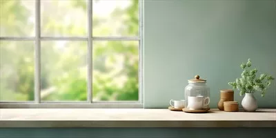 عکس میز چوبی در کنار پنجره با گیاه و نور خورشید در پس زمینه ای محو