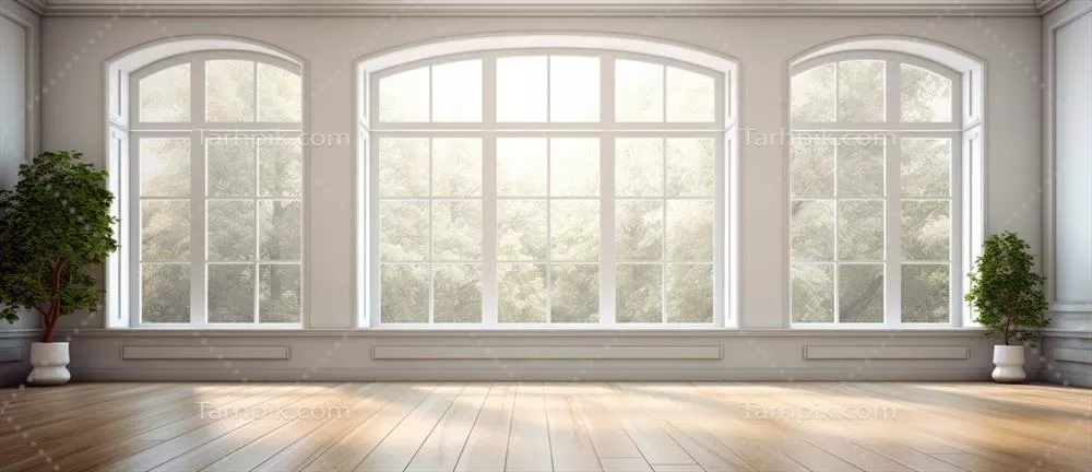عکس اتاق خالی با پنجره بزرگ و کف چوبی، فضایی آرام و دلنشین