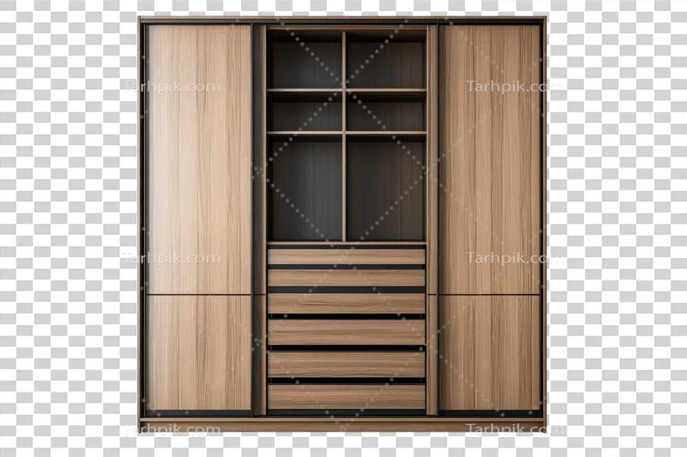 عکس دوربری کمد چوبی مدرن با طراحی مینیمالیستی و گزینه های ذخیره سازی متنوع برای دکوراسیون داخلی منزل