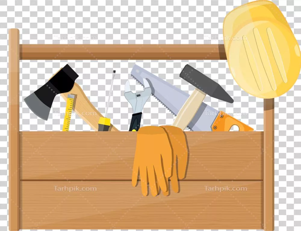عکس دوربری جعبه چوبی پر از ابزارهای ساختمانی و تجهیزات کارگاهی