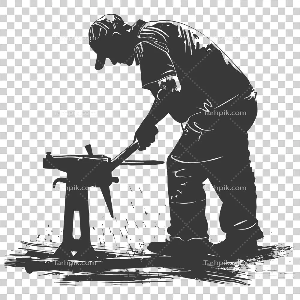 عکس دوربری تصویر سیاه سفید از یک آهنگر در حال کار با جزئیات دقیق و هنری