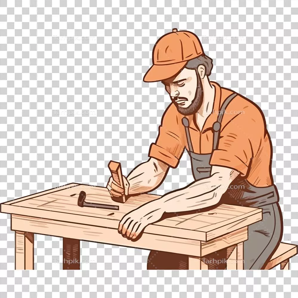 عکس دوربری مردی در حال کار بر روی میزی با چکش در یک محیط کارگاهی