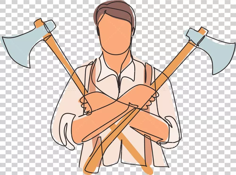 عکس دوربری طراحی گرافیکی از یک نجار با دو تبر در حال کار در جنگل