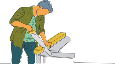 عکس دوربری تصویری از یک صنعتگر جوان و خوش چهره در حال برش چوب با اره دستی