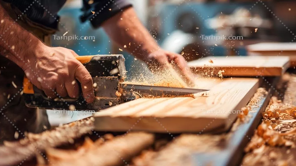 عکس نجار ماهر در حال برش چوب با ابزار برقی برای ساخت مبلمان دستی