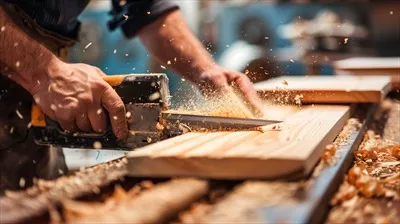 عکس نجار ماهر در حال برش چوب با ابزار برقی برای ساخت مبلمان دستی