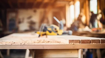 عکس نمای نزدیک از میز کار نجاری با ابزارهای منظم و خاک اره پخش شده
