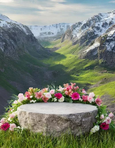 عکس پودیوم سنگی زیبا در میان گل ها و چمن سبز با نمای کوهستانی