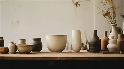 عکس تصویری زیبا از سفالگری دست ساز و ظروف سرامیکی در یک چیدمان هنری
