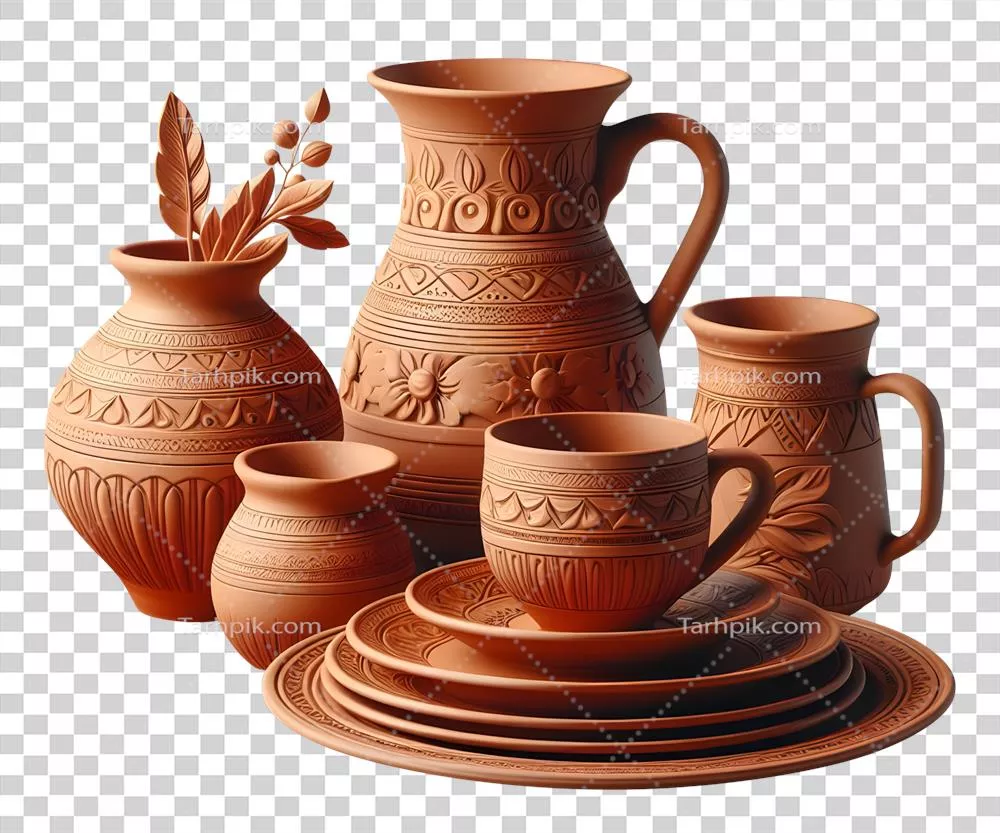 عکس دوربری مجموعه ظروف سفالی شام با طراحی هوش مصنوعی به رنگ قهوه ای