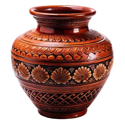 عکس دوربری گلدان سفالی قهوه ای با طراحی های پیچیده و دست ساز