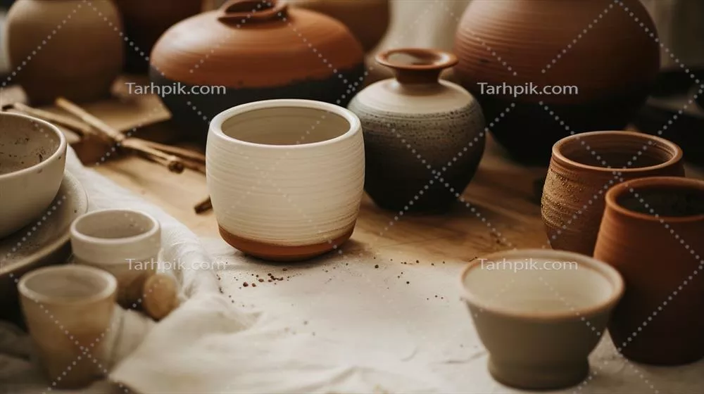 عکس تصویری زیبا از سفالگری دست ساز و ظروف سرامیکی در یک چیدمان هنری