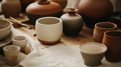 عکس تصویری زیبا از سفالگری دست ساز و ظروف سرامیکی در یک چیدمان هنری