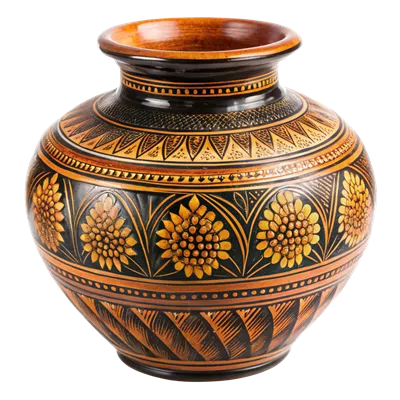عکس دوربری گلدان سفالی دست ساز با الگوهای پیچیده گل و هندسی در رنگ های نارنجی و مشکی