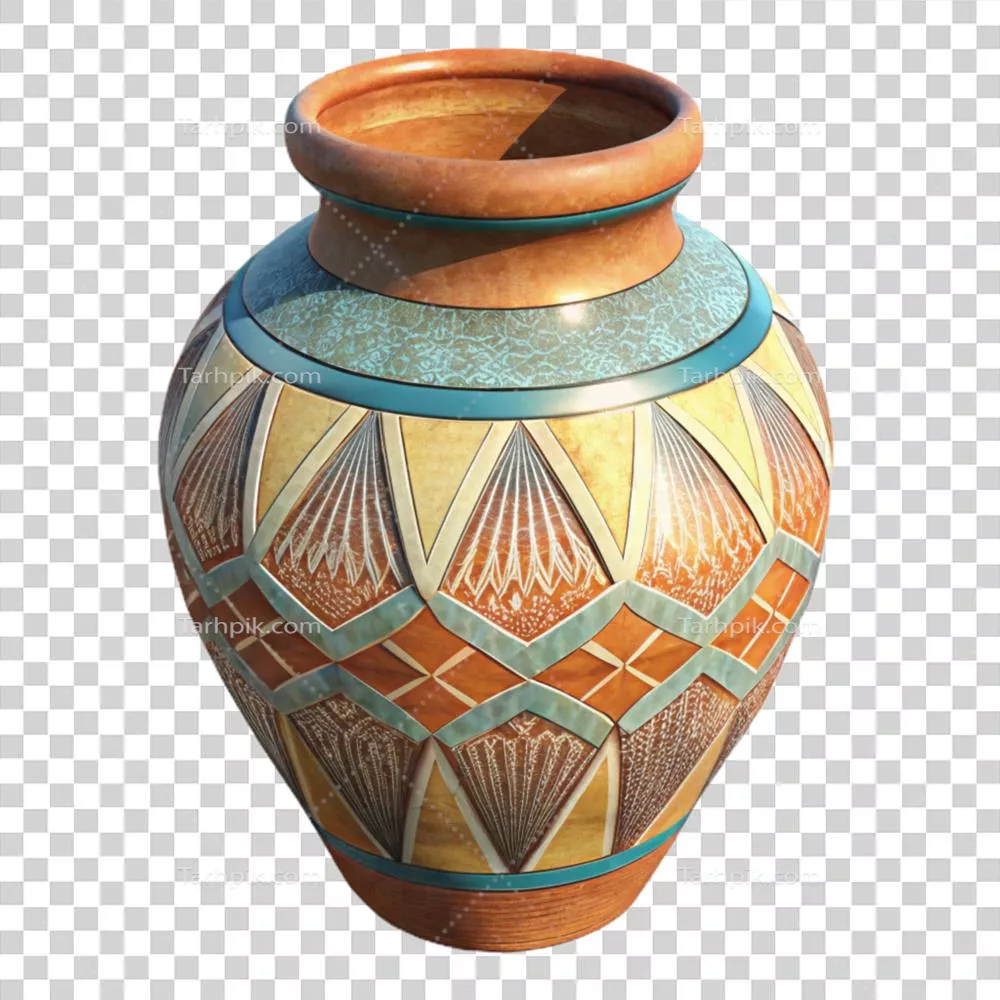 عکس دوربری گلدان سرامیکی دست ساز با الگوهای هندسی زیبا و هنری