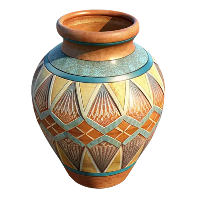عکس دوربری گلدان سرامیکی دست ساز با الگوهای هندسی زیبا و هنری