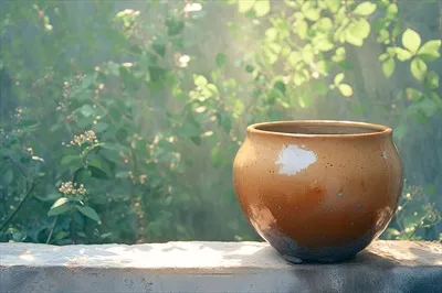عکس گلدان سرامیکی روستایی با طراحی خاص در میان درختان به نمایش گذاشته شده است