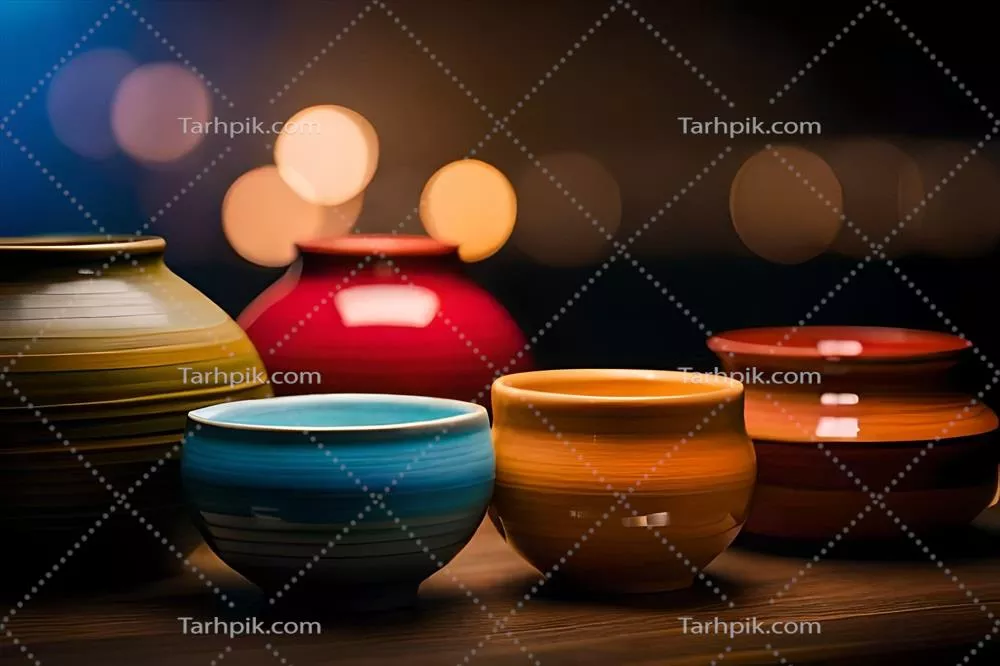 عکس گلدان های سرامیکی رنگارنگ بر روی میز - یک تصویر هنری جذاب