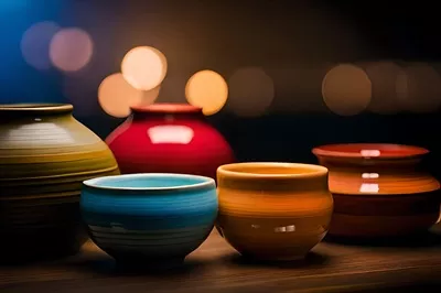 عکس گلدان های سرامیکی رنگارنگ بر روی میز - یک تصویر هنری جذاب
