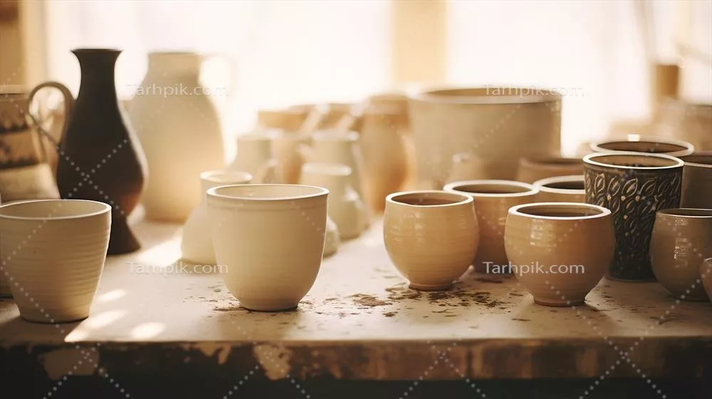 عکس تصویری زیبا از سفالگری دست ساز و ظروف سرامیکی در یک چیدمان هنری