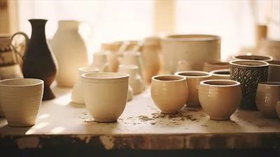 عکس تصویری زیبا از سفالگری دست ساز و ظروف سرامیکی در یک چیدمان هنری