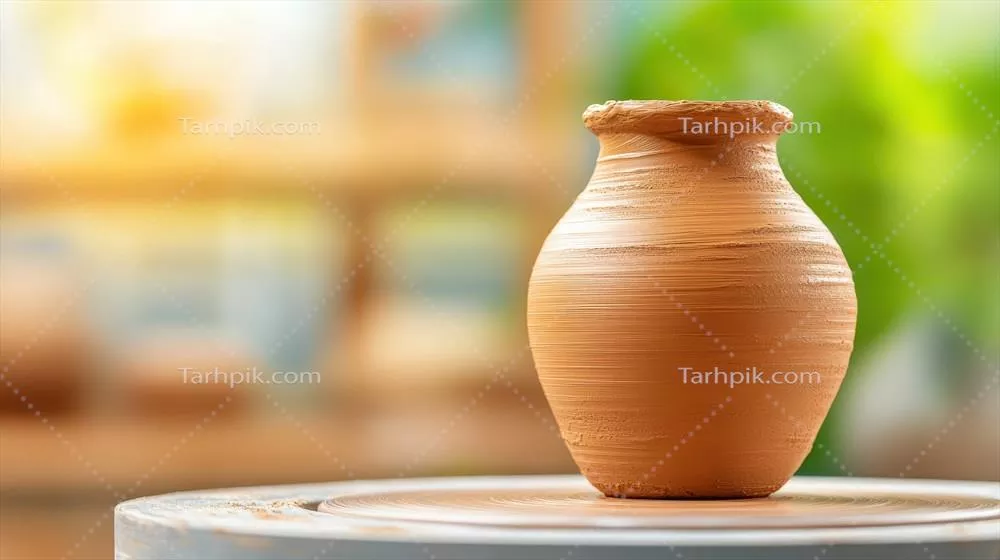 عکس گلدان سفالی دست ساز بر روی میز چوبی با پس زمینه ای محو و زیبا