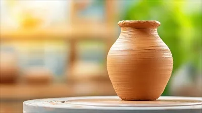 عکس گلدان سفالی دست ساز بر روی میز چوبی با پس زمینه ای محو و زیبا