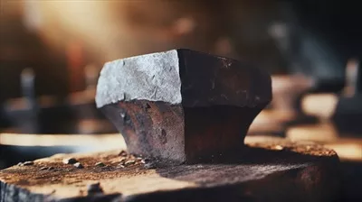 عکس نمای نزدیک از سندان آهنگری با سطحی فرسوده و دندانه دار از سال ها کار