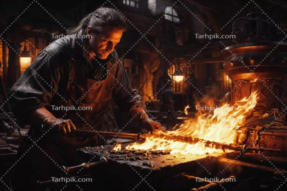 عکس هنرمند ماهر قرون وسطی در حال کار بر روی آهن در کارگاه تاریخی