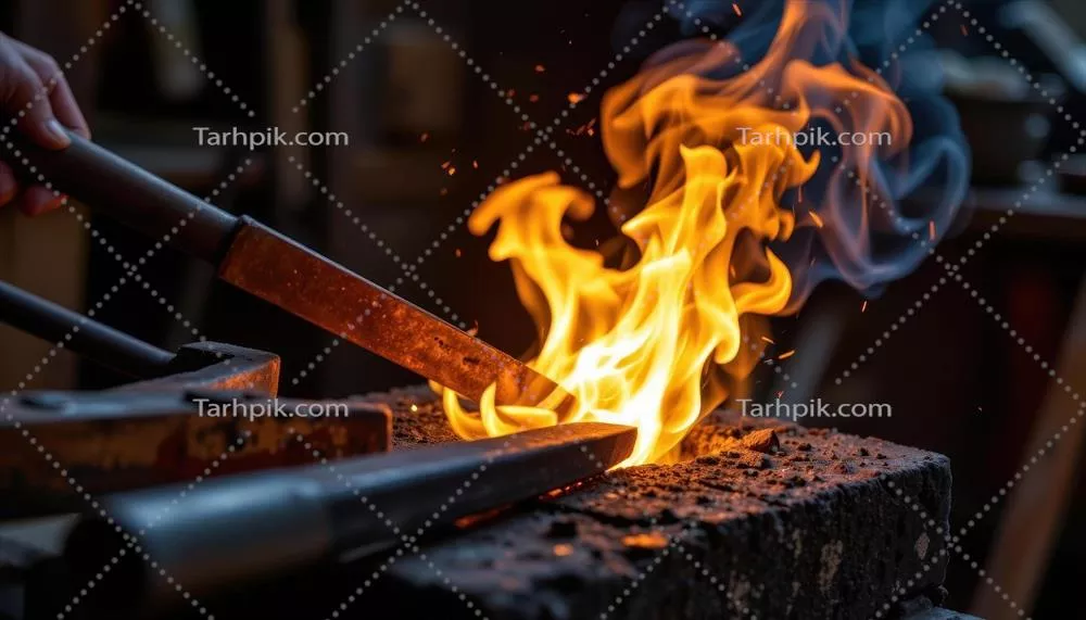 عکس نمای نزدیک از شعله ای در حال زبانه کشیدن در کوره آهنگری با نور شدید