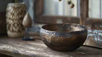 عکس نمایی زیبا از یک گلدان سرامیکی با پوشش فلزی چکش خورده که جذابیت روستایی را به اثر می بخشد