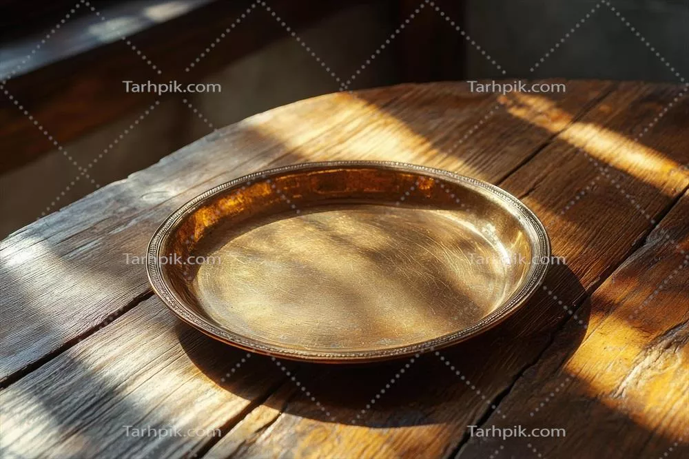 عکس سینی طلایی زیبا بر روی میز چوبی در نور ملایم خورشید
