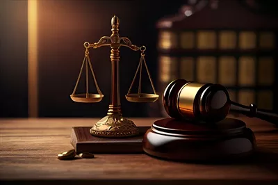عکس تصویری از قاضی و وکلا در حال بحث و بررسی مسائل حقوقی در یک جلسه