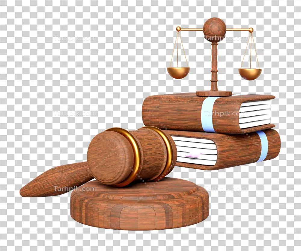 عکس دوربری تصویری از چکش قاضی چوبی در حراج با ترازوی عدالت و کتاب