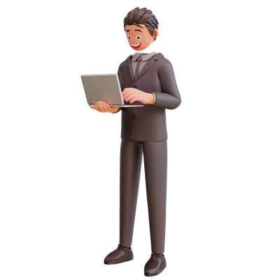 عکس دوربری تصویری از یک مرد کسب و کار خوشحال که در حال ایستادن و نگه داشتن لپ تاپ است