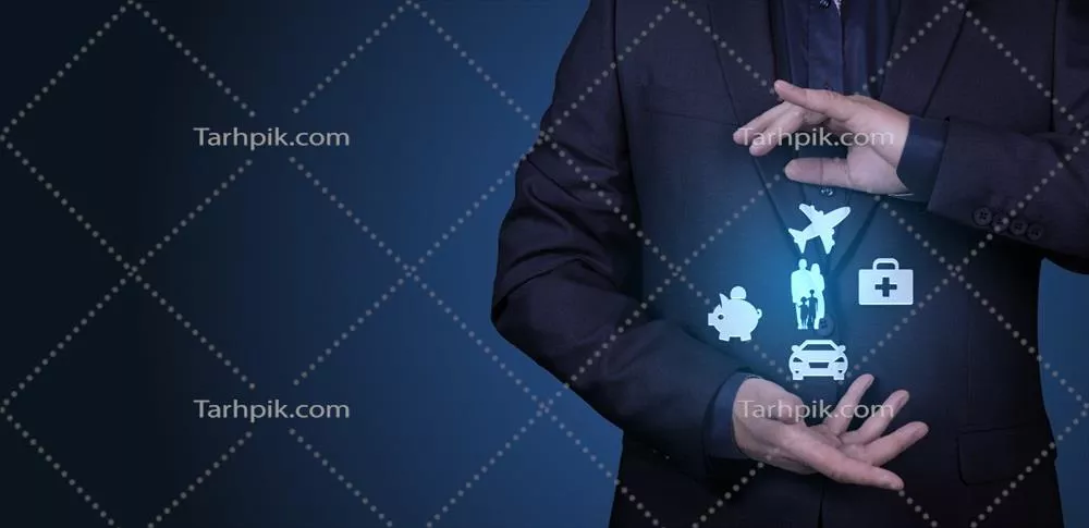 عکس مفهوم بیمه: تصویر یک کارآفرین با حرکات حفاظتی و نمادهای بیمه