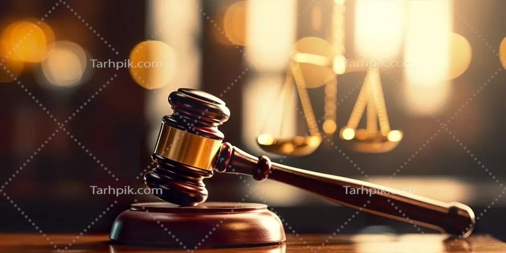 عکس تصویری از مفهوم حقوقی و قضایی با تمرکز بر چکش قاضی و فضای دادگاه