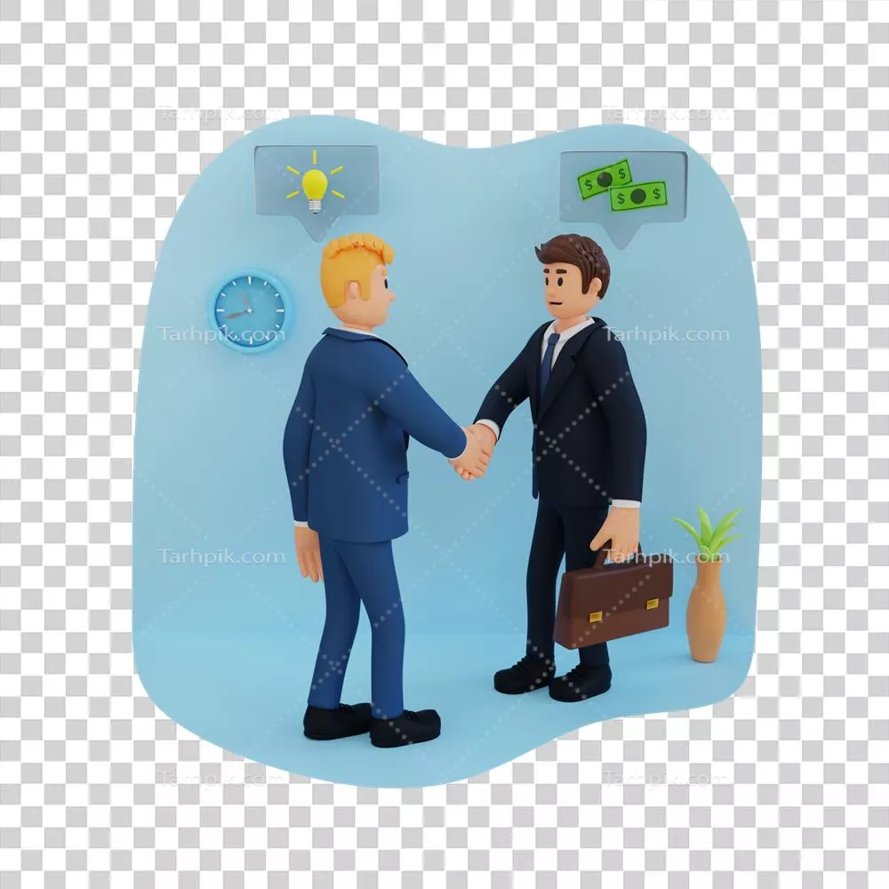 عکس دوربری تصویری از یک شخصیت سه بعدی مرد کسب و کار در حال دست دادن